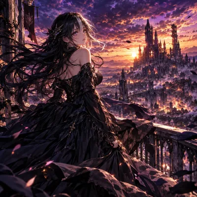 黄昏に染まる古城と黒ドレスの姫君｜夕日きらめく壮大なゴシックファンタジー