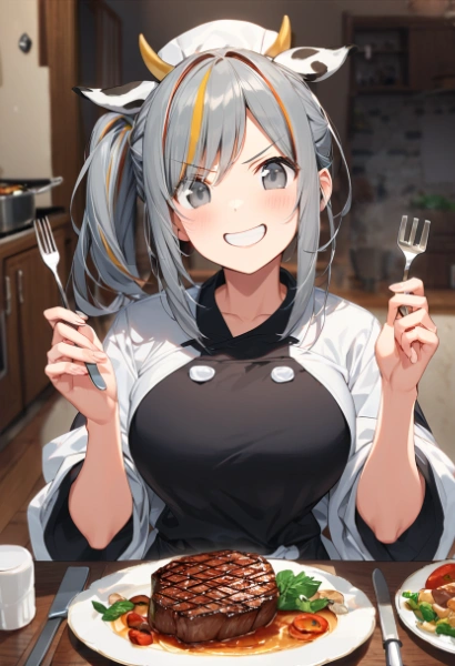 ビーフステーキを食べる牛娘