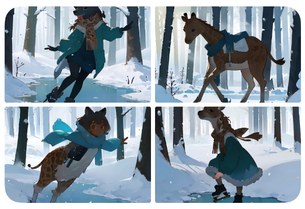 雪深い森でアイススケートをする麒麟