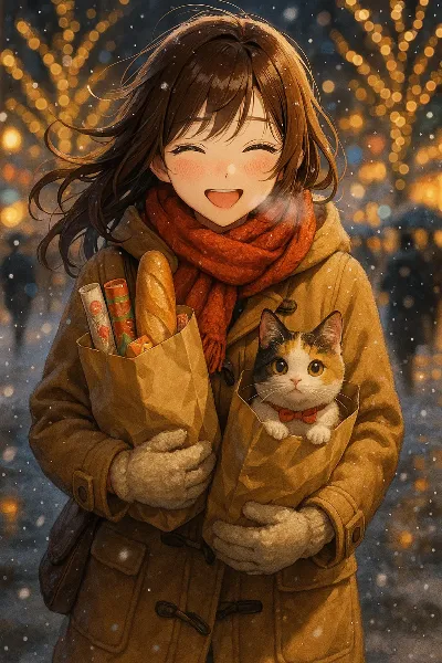 雪降る街の猫と少女の温かな帰り道