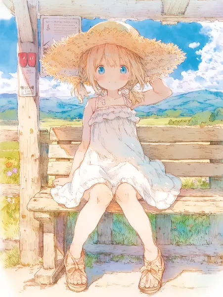 夏のバス停で待つ、麦わら帽子の少女。