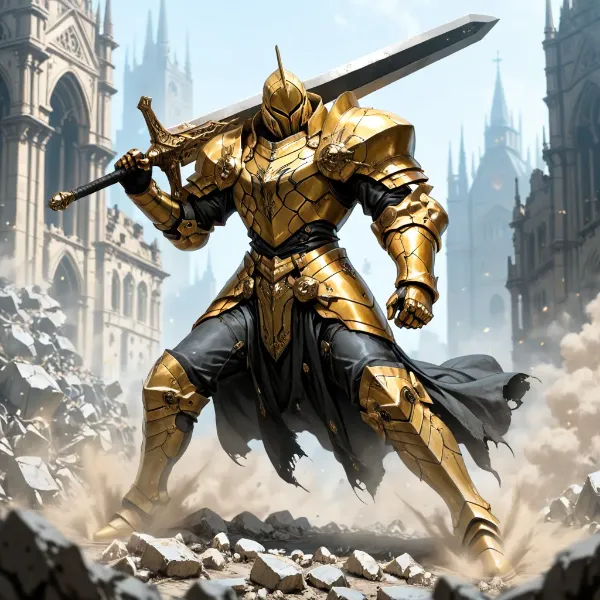 黄金の守護者、崩壊の街に立つ