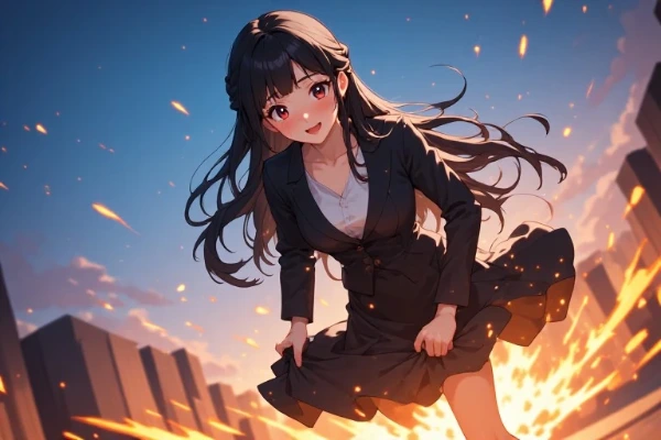 爆炎の街を飛び越える黒髪のOL