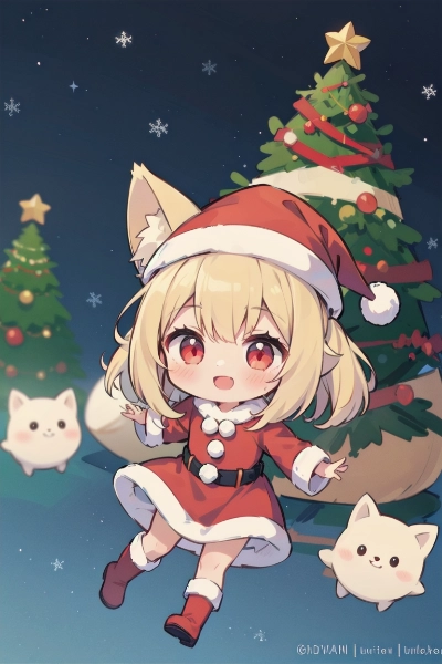 サンタなきつね娘とクリスマスツリー