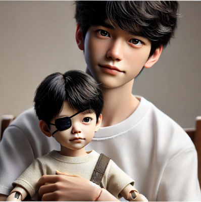 眼帯をつけた人形を抱く少年