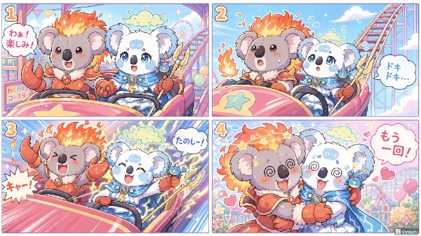 フラムちゃんとトナトちゃんがジェットコースターに乗る