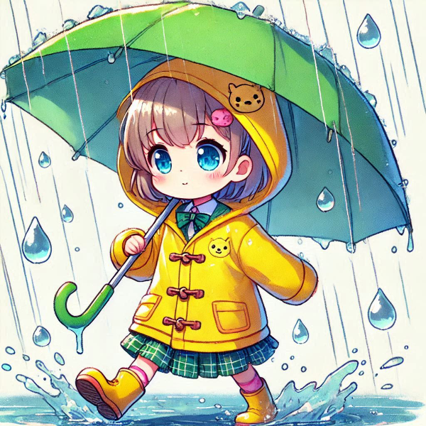 雨の中、レインコートを着て歩いている女の子
