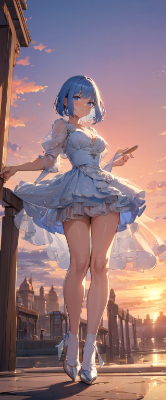 夕焼けと青髪さん