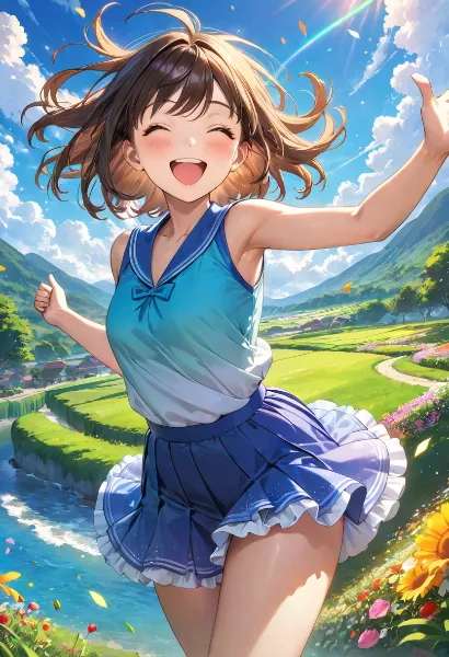 夏の田園に舞う笑顔の少女