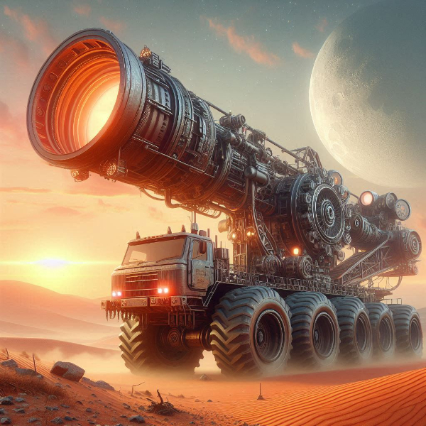 砂漠を駆け抜ける巨大な望遠鏡を背負ったトラクター