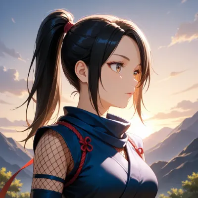 夕陽の山に立つ女忍者