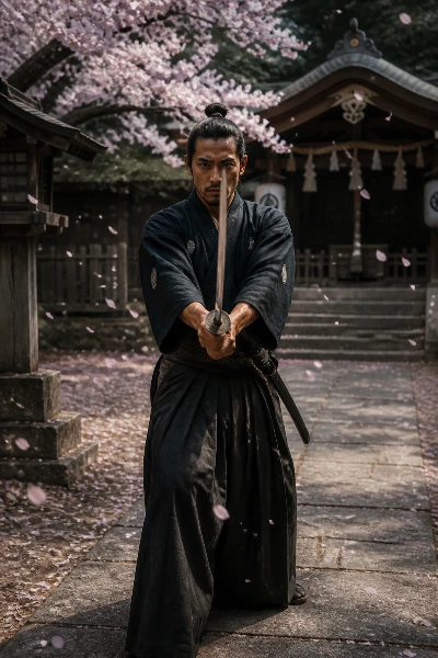 Samurai in chūdan-no-kamae stance, both hands gripping the katana correctly. 
Au