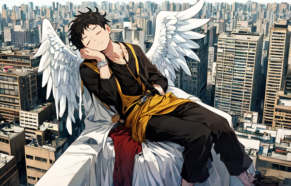 ビルの屋上で眠る巨大天使