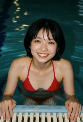 プールサイドでまってるね！夏全開の笑顔をお届け水着彼女