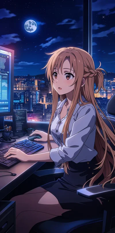 お仕事で残業中のOLアスナさん