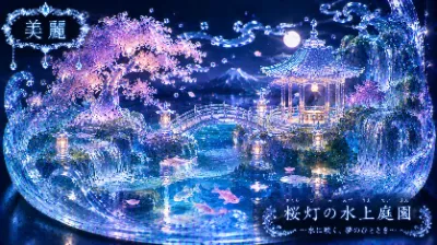 水鏡に映る夢幻の桜灯庭園