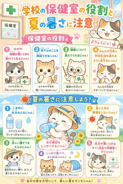 猫ちゃんが、保健室の役割と夏の暑さに注意について解説するぴょん！