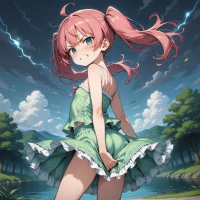 雷鳴の空でドレスを掴む少女